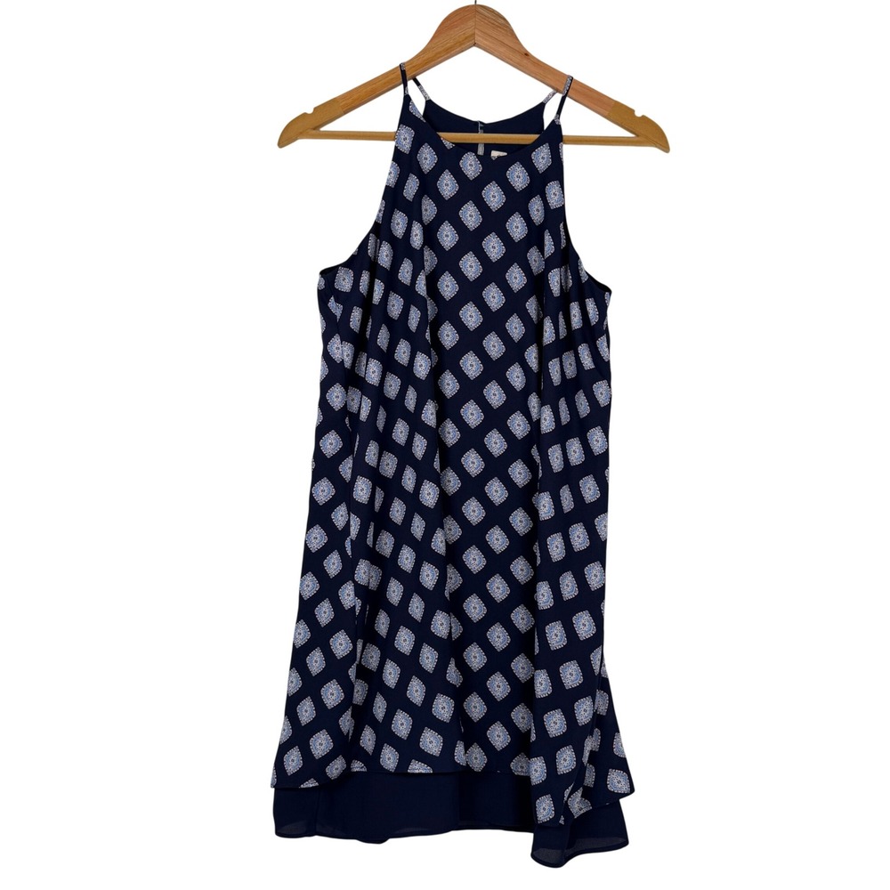 Pink Rose Dress Womens Medium Navy Blue Geometric Halter‎ Sleeveless Layered Hem